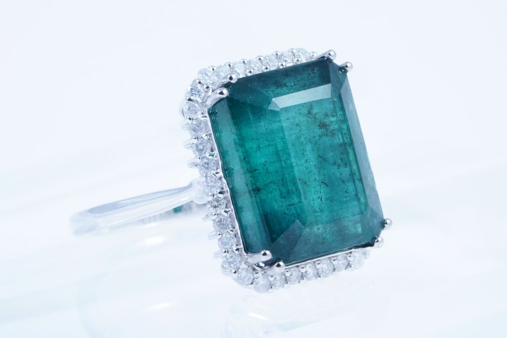 No reserve price - Ring Platinum -  11.54ct. tw. Emerald - Diamond #1.0