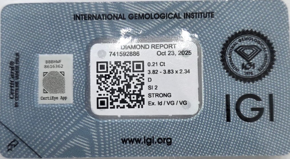 χωρίς τιμή ασφαλείας - 1 pcs Διαμάντι (Φυσικό) - 0.21 ct - Στρογγυλό - D (άχρωμο) - SI2 - International Gemological Institute (IGI) #3.2