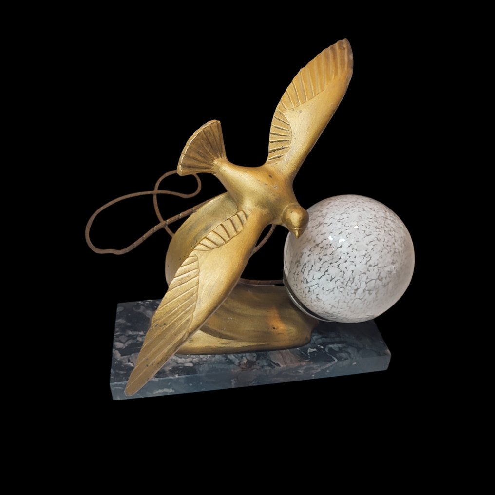 Signé BERJON - Επιτραπέζιο φωτιστικό - Μοντέλο Πουλί σε πτήση - Art Déco - Régule, γυαλί & μάρμαρο - Επιτραπέζια λάμπα #1.0