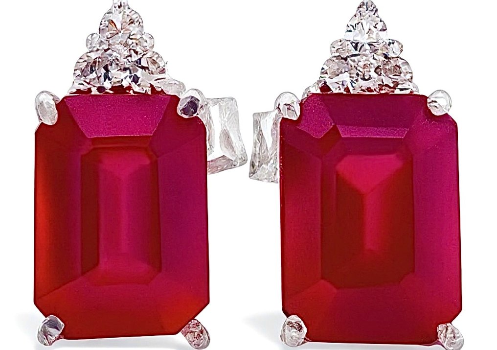 No reserve price - Earrings - 18 kt. White gold Ruby - Diamond #1.0