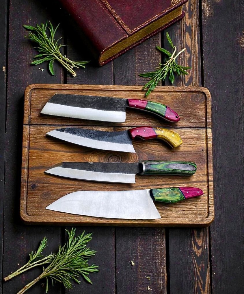 Set of FOUR, Hand-Forged with Old & dual polish Steel, Japanese Style Knives from Elite - Μαχαίρι κουζίνας - Chef's knife - Χάλυβας, Ξύλο, Άψογη συλλογή 4 χειροποίητων Ιαπωνικών παλαιών ατσαλιών, ρετρό μαχαίρια. - Ιαπωνία #1.0