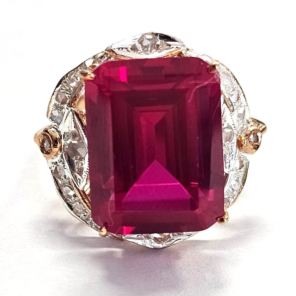 Fără preț de rezervă - Inel - 9 kt. Aur galben, Argint Rubin - Diamant #1.0
