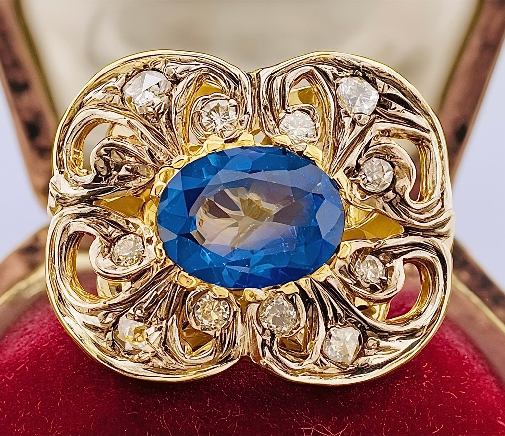 Sans prix de réserve - Bague - 9 carats Or jaune, Argent Saphir - Diamant #1.0