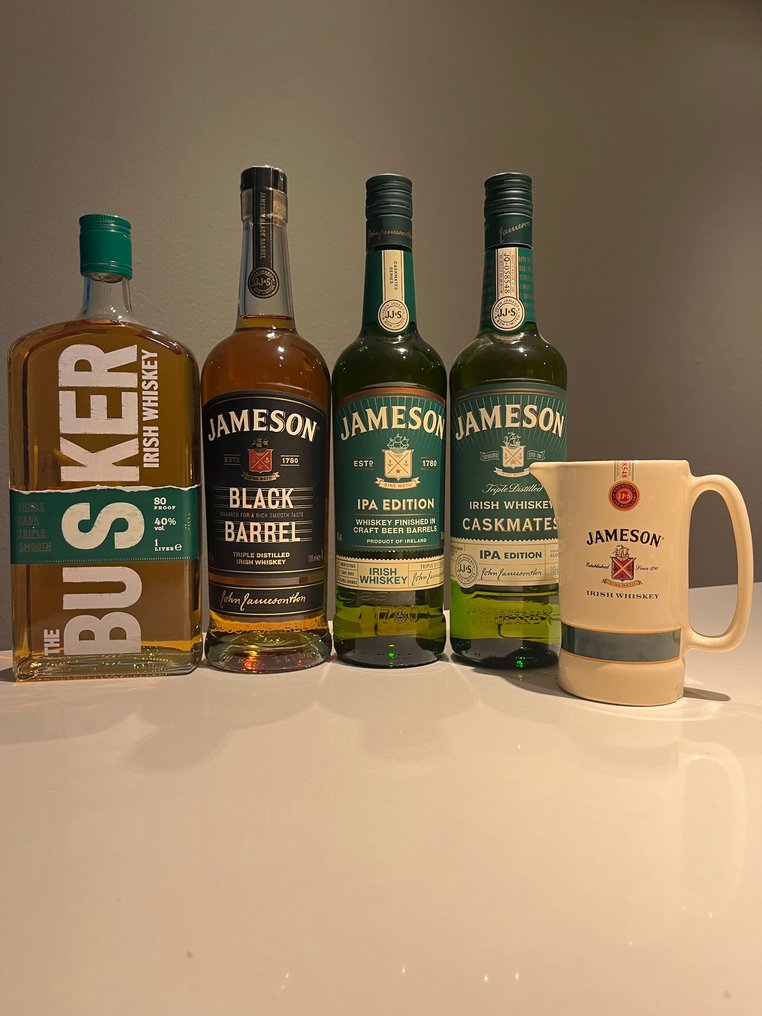 Busker 80 Proof + Jameson: Black Barrel, IPA Edition, Caskmates IPA Edition & Ceramic Water Jug - 700ml, 1 Litre - 4 bottles #1.0