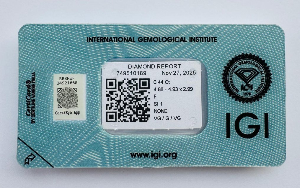 没有保留价 - 1 pcs 钻石  (天然)  - 0.44 ct - 圆形 - F - SI1 微内含一级 - 国际宝石研究院（IGI） #1.0