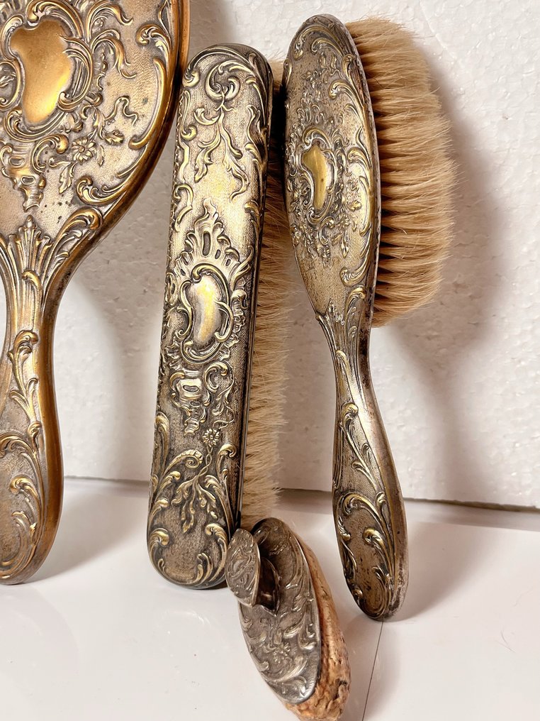 Dressing table set (4) - Toiletry set - Brass, Glass - Silvered Art Nouveau set #4.3