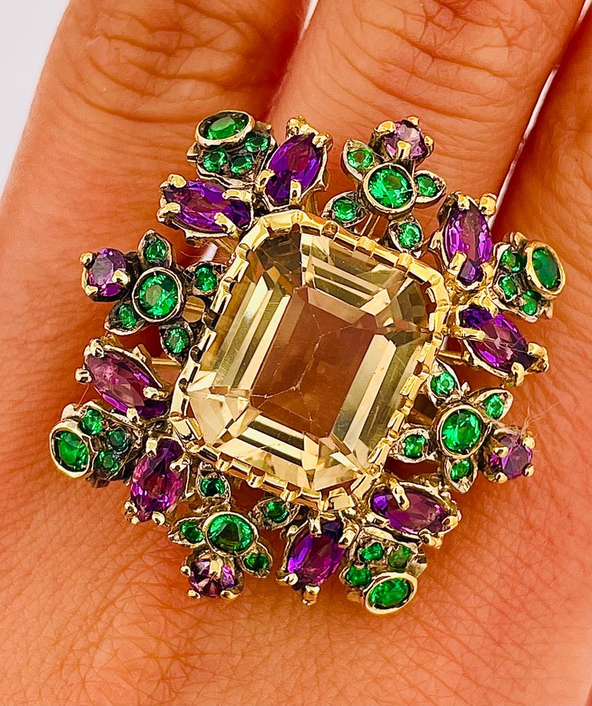 Ingen mindstepris - Ring - 9 kt. Gulguld, Sølv Kvarts - Smaragd #3.2