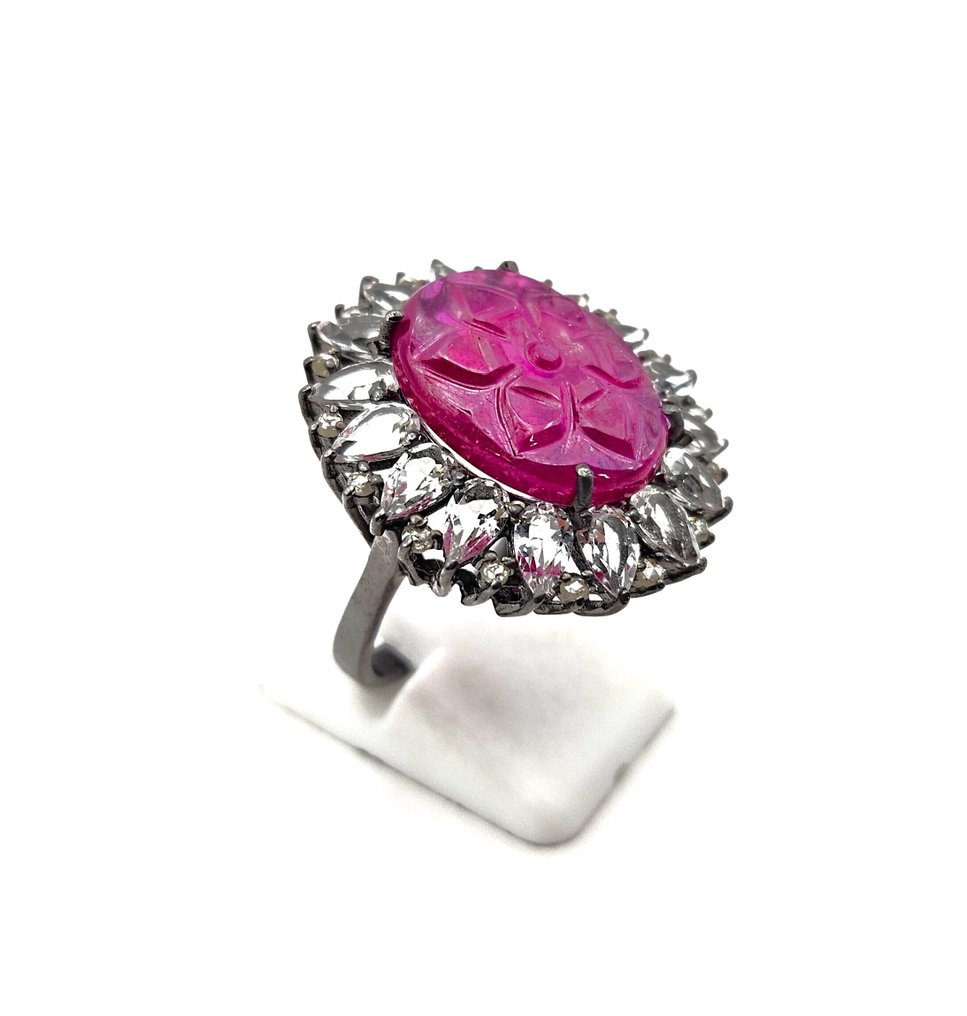 Fără preț de rezervă - Inel Argint - 9.50ct. tw. Rubin - Diamant - White Topaz #2.1