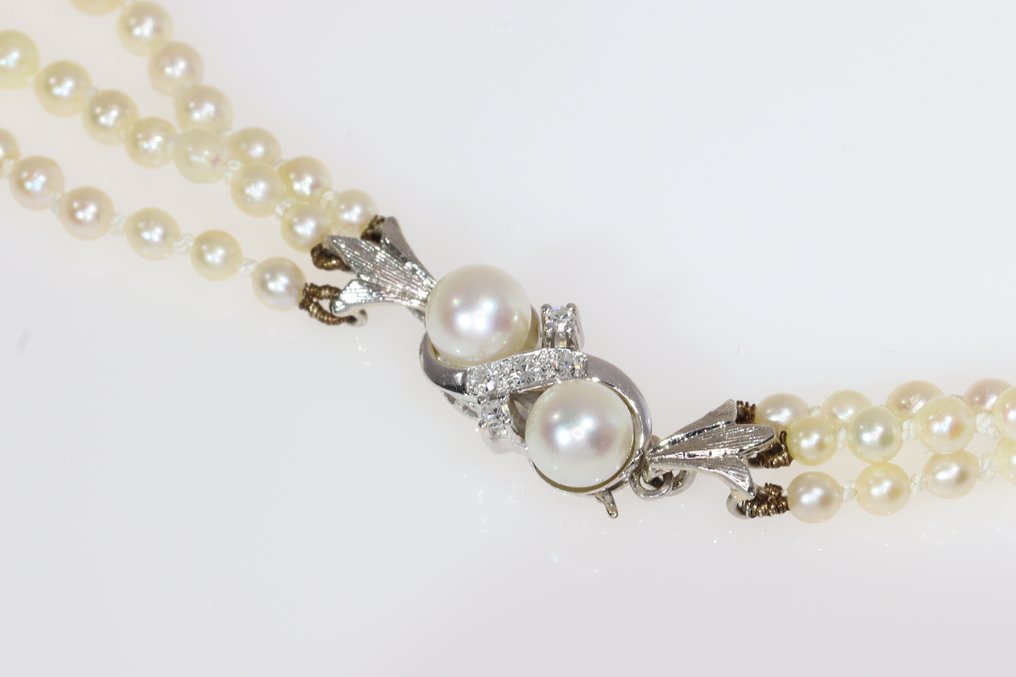 沒有保留價 - 頸鏈 - 18 克拉 白金 - 0.13ct. tw. 鉆石 (天然) - 珍珠 - 1960年经典 #4.3
