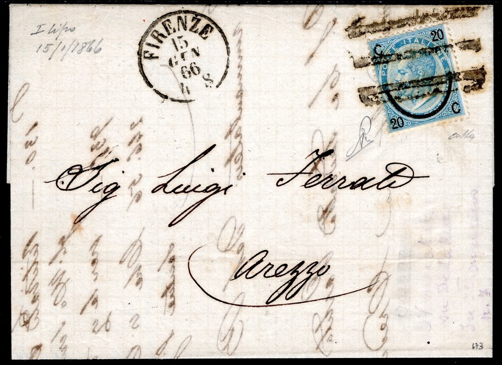 Olasz Királyság 1865 - 20 filléres felbélyegzett levél (első típusú lóhere alakú bélyegzővel), érkezéskor három rúddal zárt - Sassone n. 23 #1.0