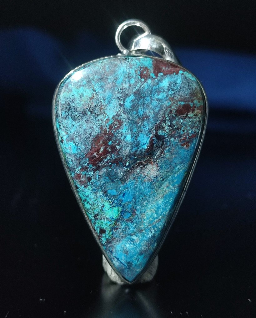 Pendente in argento 925 fatto a mano, molto raro, con vetro di Van Gogh, chrysocolla e azurite, - Ciondolo #1.0