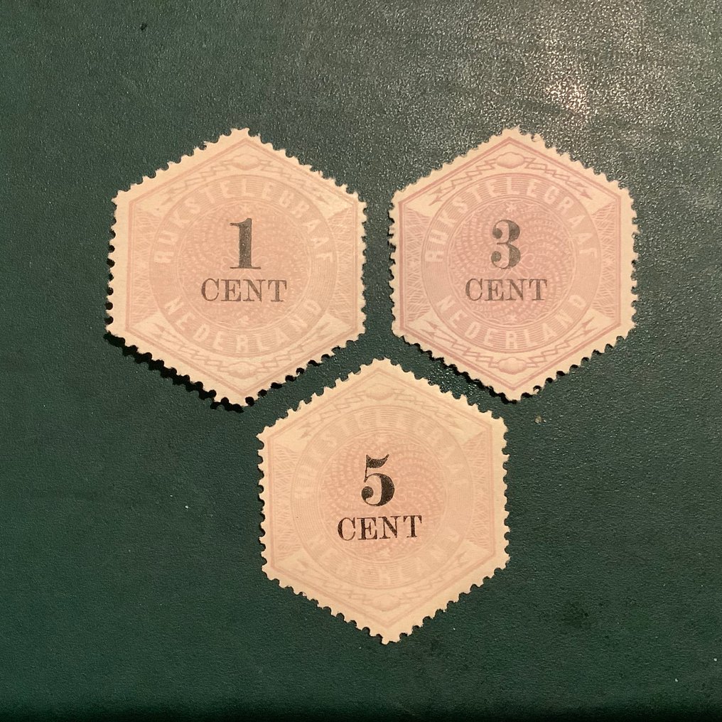 Netherlands 1877 - Telegram stamps of 1, 3, and 5 cents — no retail price. - NPVH TG1/TG3 #1.0