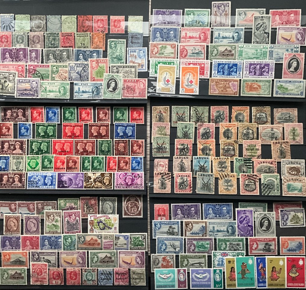 British Commonwealth 1907/1965 - Part in 7 cards, British Solomon Islands, Fiji, Morocco, New Hebrides, St. Vincent, Tangier. - Michel, #1.0