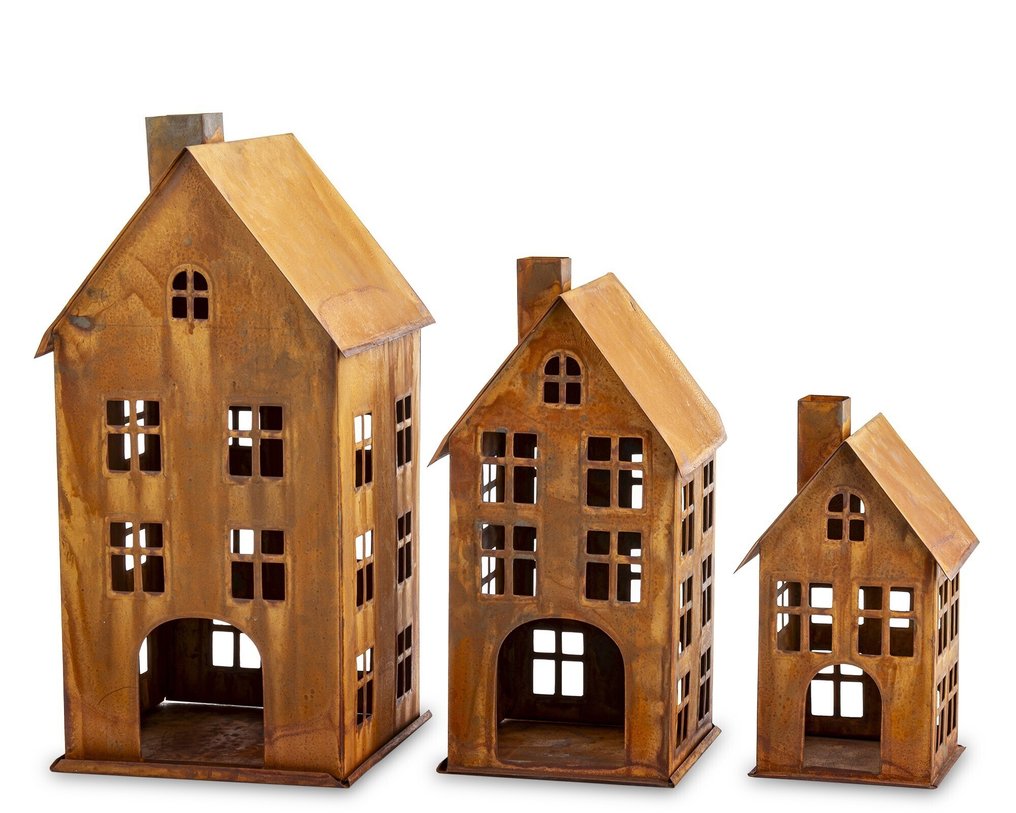 Karácsonyi dekorációk - 3 fémből készült ház lámpás - Fa #1.0