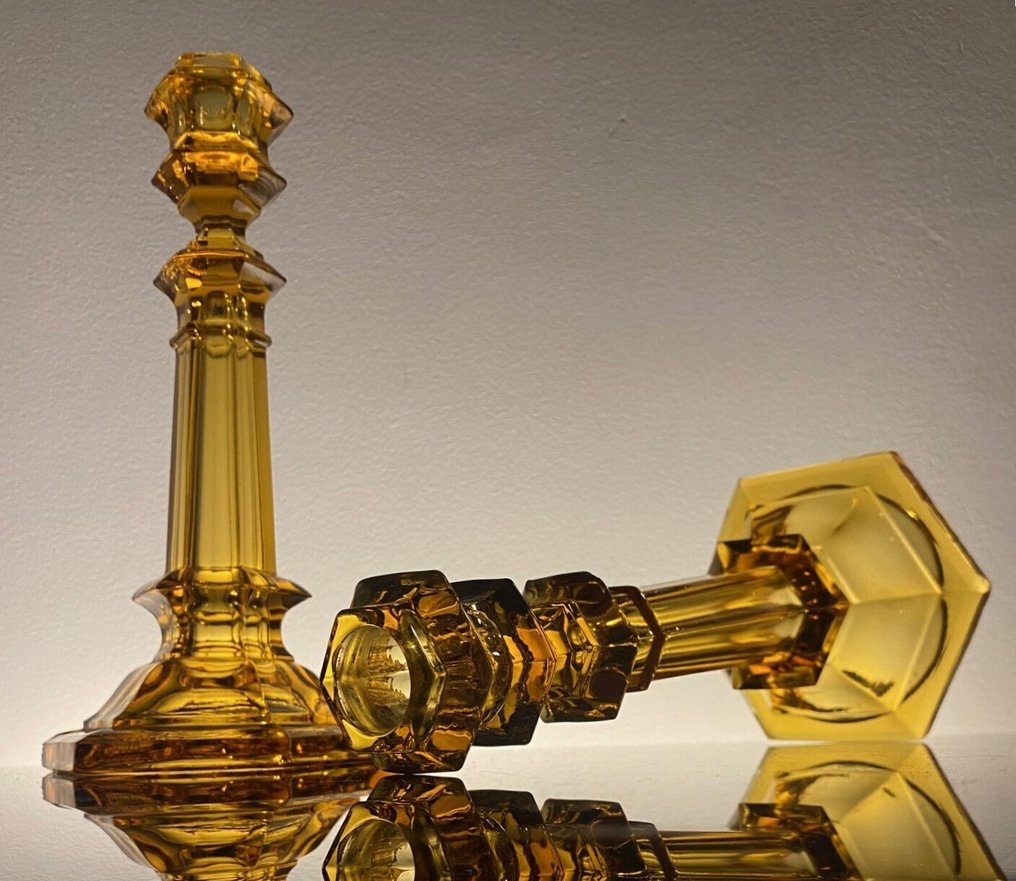 Val Saint Lambert - Taperstick - 'Côtes Plates' model - Amber color - 1935 catalog! (2) - Molded glass #1.0