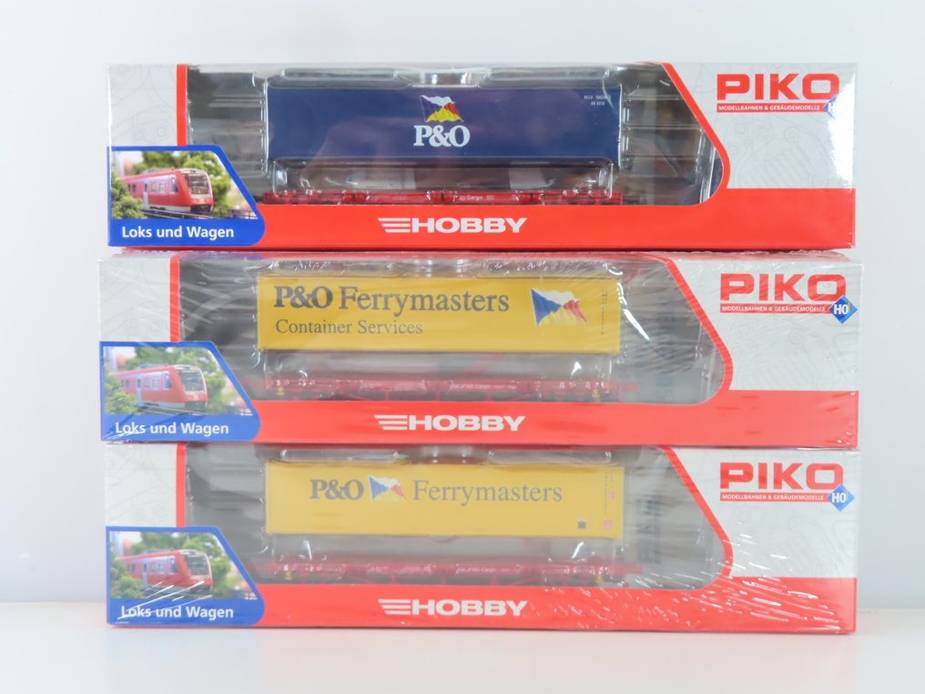 Piko H0 - 95649/57706/95648 - Machetă tren transport marfă (3) - 3x cărucior container cu 2 axe, cu inscripția „P&O Ferrymasters” și „P&O” - DB #3.2