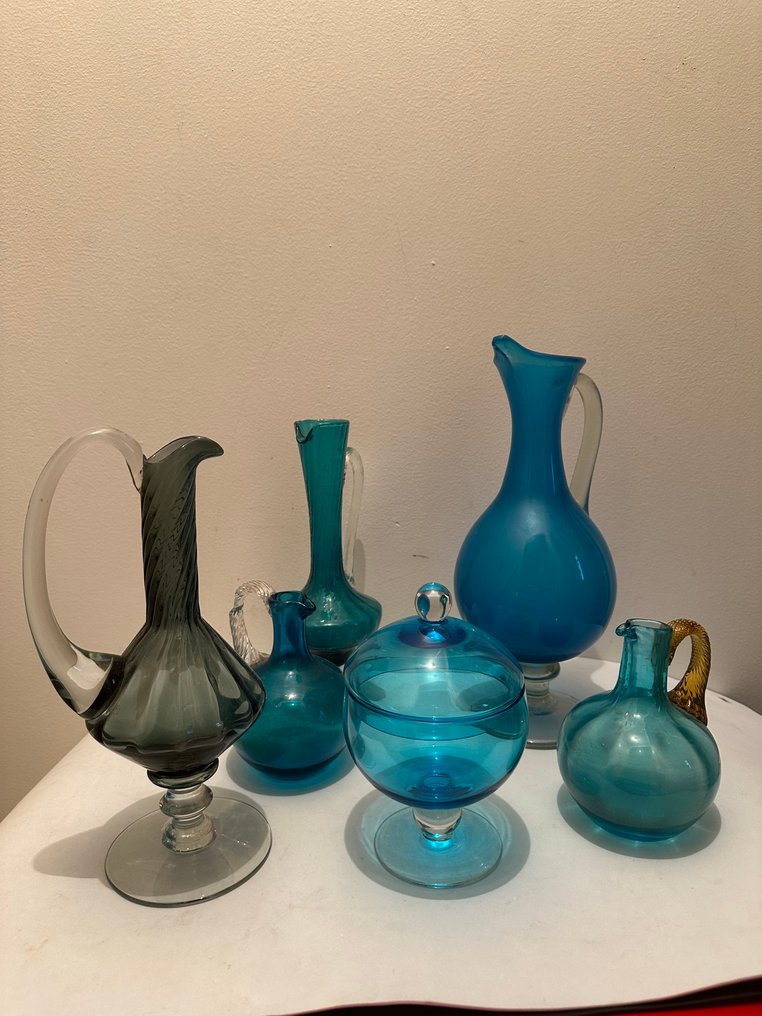 Βάζο - Γυαλί οπαλίνης - Πέντε μικρά δοχεία με βάζο φαρμακείου - γυαλί του Empoli. #1.0