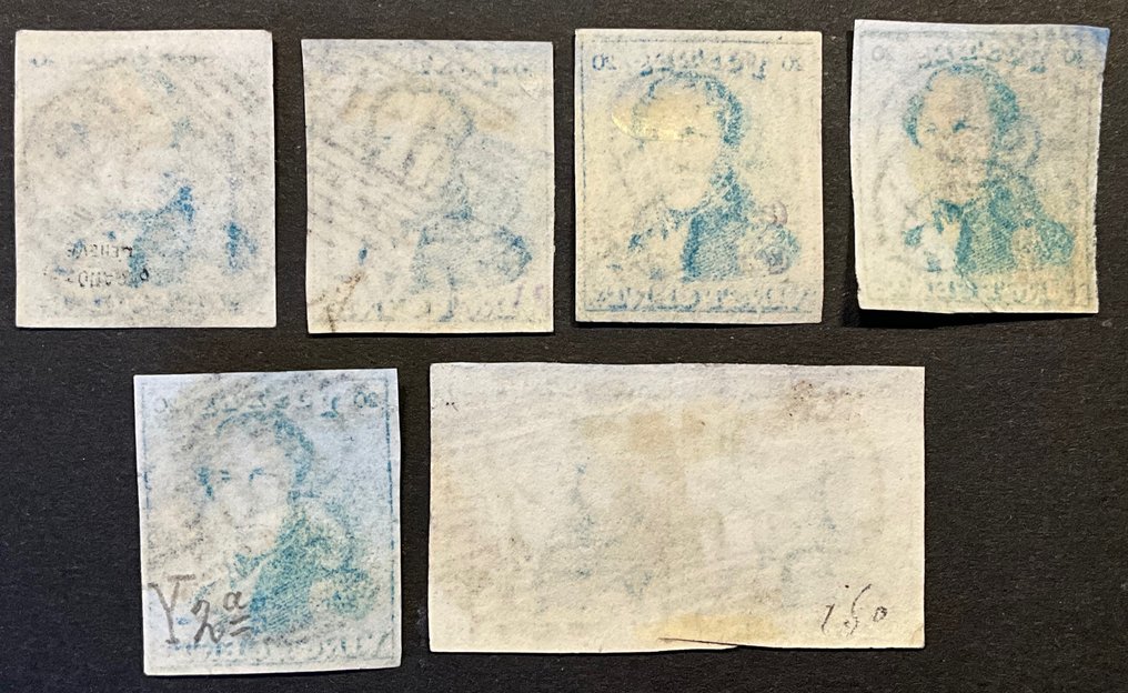 Bélgica 1849 - Leopold 1: Epaulet 2 - 20 céntimos Azul: Selección de matices - OBP 2 #4.3