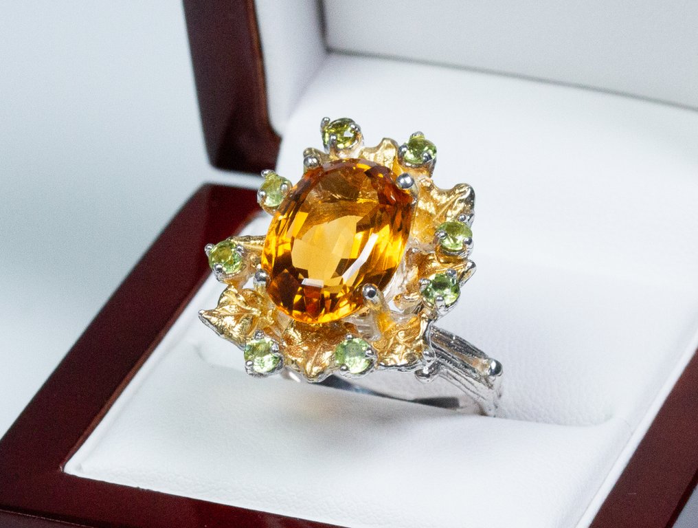 Zonder minimumprijs - Ring - 925 zilver - 7,50 ct citrien - 0,80 ct peridot #1.0