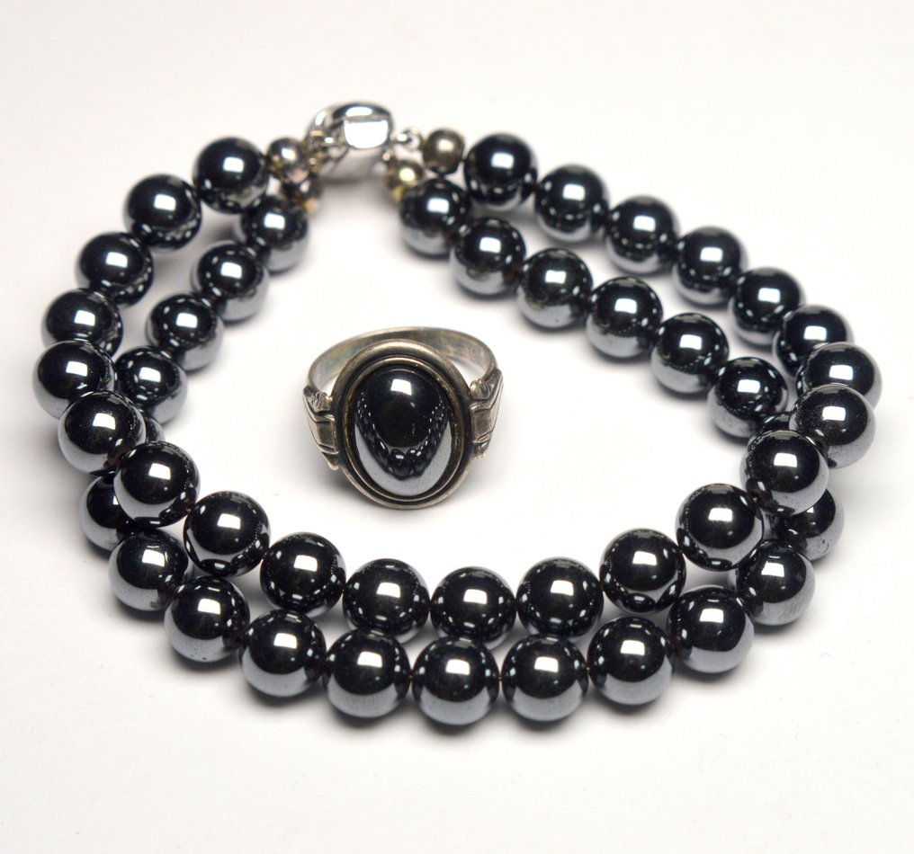 Conjunto de pulseira e anel em prata 925 com hematita preta - Conjunto de 2 peças de joalharia - 75g #1.0