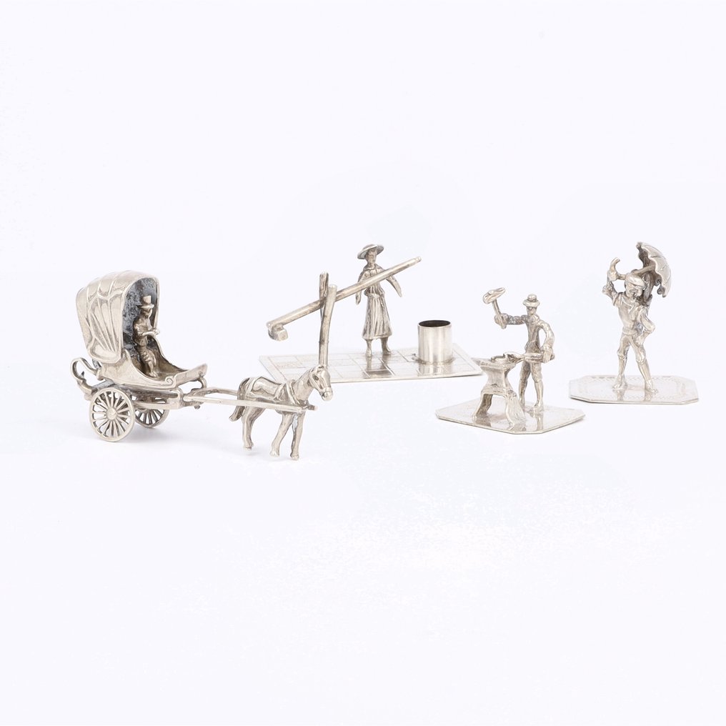NO RESERVE - Hefboom, Rijtuig, Paraplu verkoper & Smid - Figura in miniatura (4) - .835 argento #1.0