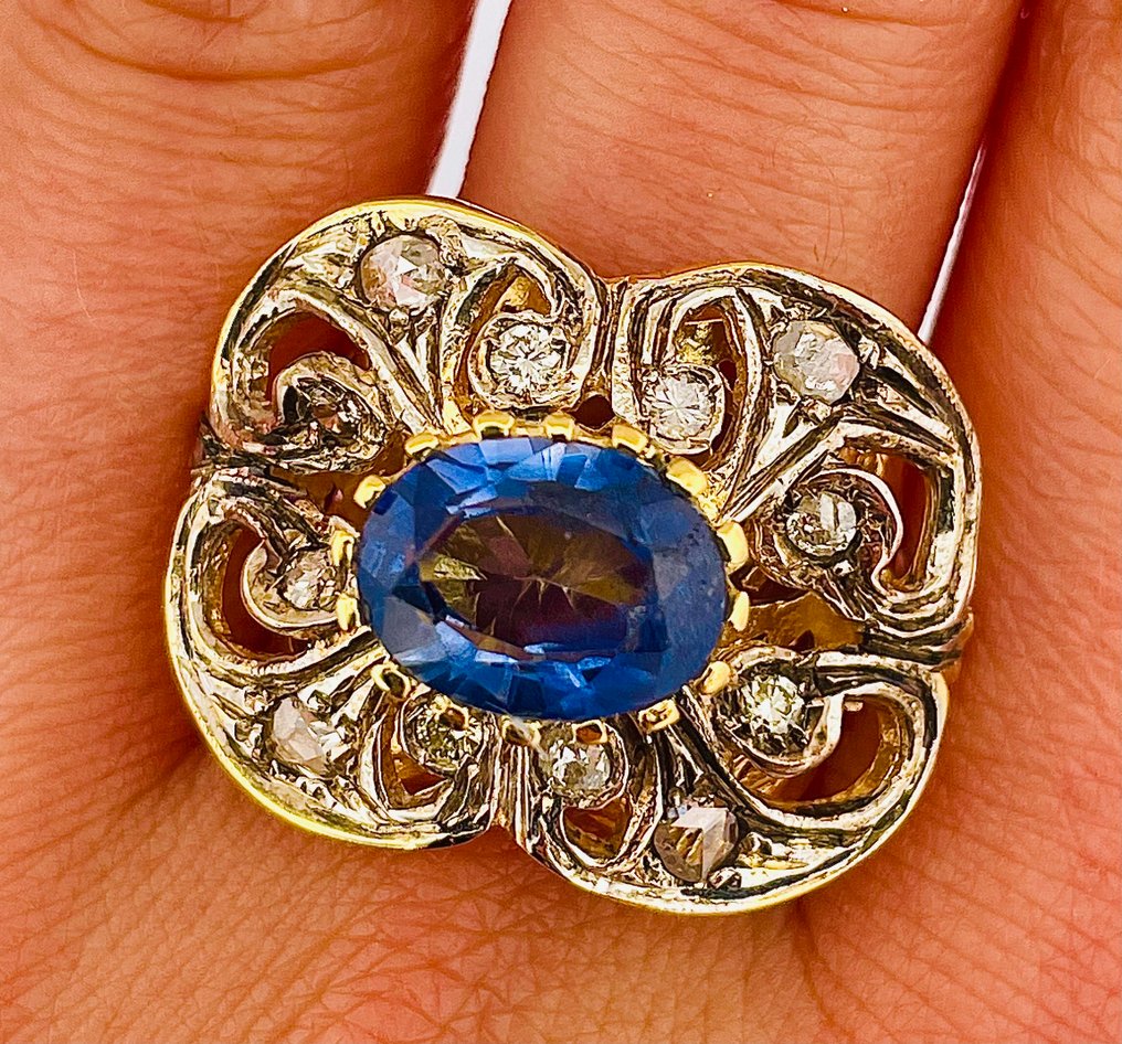 Sans prix de réserve - Bague - 9 carats Or jaune, Argent Saphir - Diamant #4.3