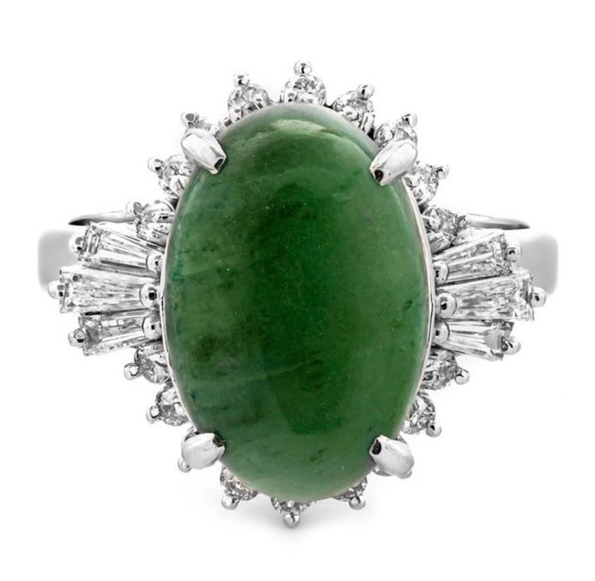 No reserve price - Ring Platinum -  5.47ct. tw. Jade - Diamond #1.0