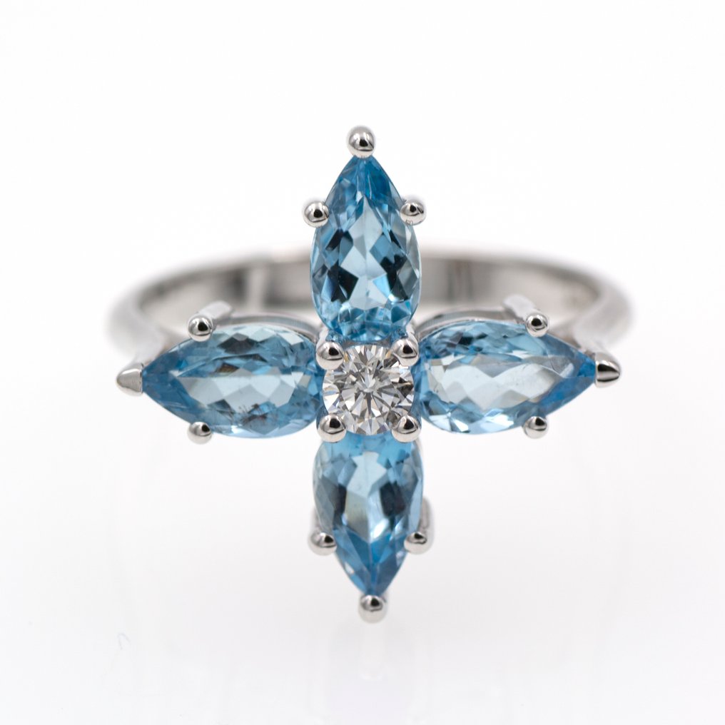 戒指 - 18K包金 白金 - 2.13ct. tw. 海蓝宝石 - 钻石 #1.0