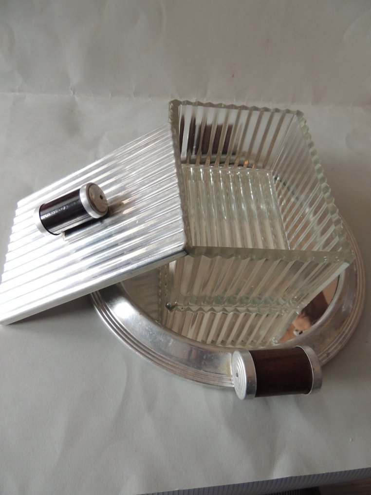 Biscuit box - Old and very pretty glass box for biscuits, candies, or sugar with thick glass and geometric Art #1.0