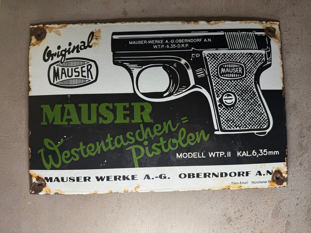 MAUSER WERKE A.-G. OBERNDORF A. N. - Mauser WTP. II Cal. 6.35 mm - Enamel sign - Enamel, Metal #1.0
