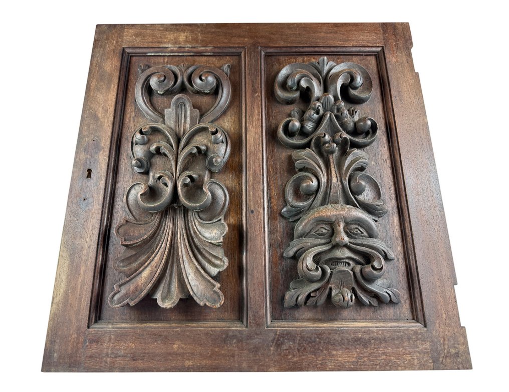 墙面装饰 - “Mascarón”，雕塑怪异像，52 x 52 厘米。 - 西班牙 - 古董面板，旧门 #2.1