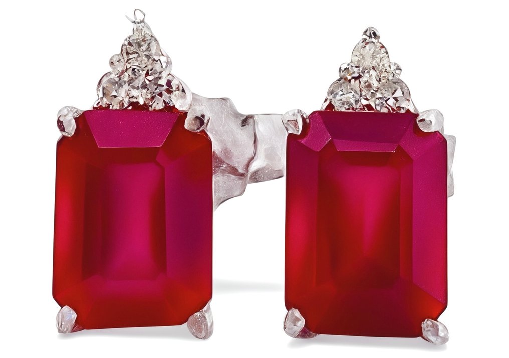 No reserve price - Earrings - 18 kt. White gold Ruby - Diamond #1.0