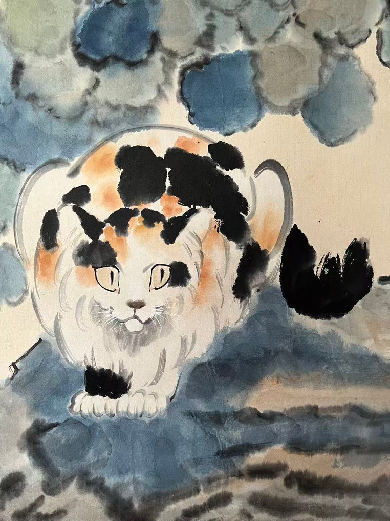 INK AND COLOR ON PAPER PAINTING"CAT"《猫石图》 - Attributed to - Kina #4.3