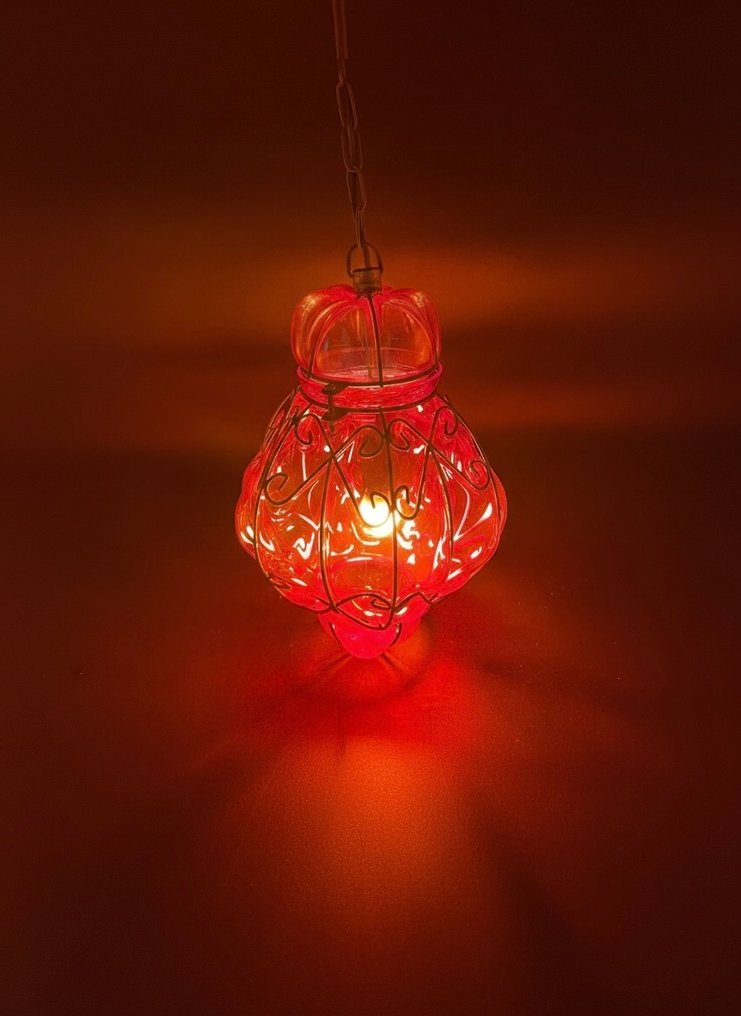 Hanging lamp - Ruby Red Blown Glass and Wrought Iron Pendant Light - Glass, Metal #3.2