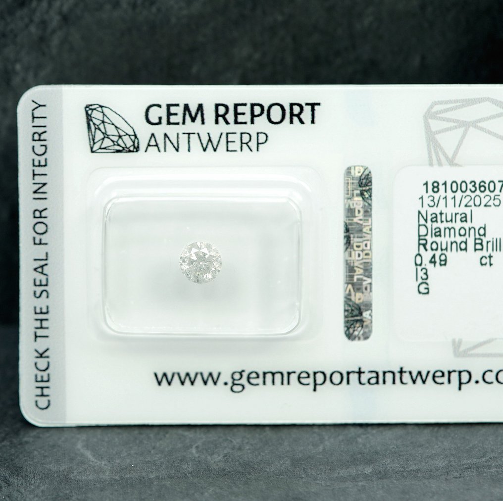 No reserve price - 1 pcs Diamond  (Natural)  - 0.49 ct - Round - G - I3 - Gem Report Antwerp (GRA) #3.2