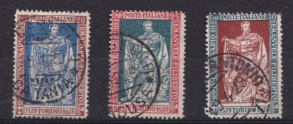 Italia Regno 1928 - Emanuele Filiberto 20 cent+25 c.+30 cent con certificato peritale Zappalà - Sassone nn.230-231-232 #2.1