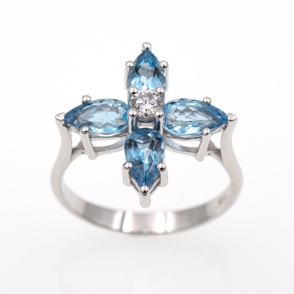 戒指 - 18K包金 白金 - 2.13ct. tw. 海蓝宝石 - 钻石 #4.3