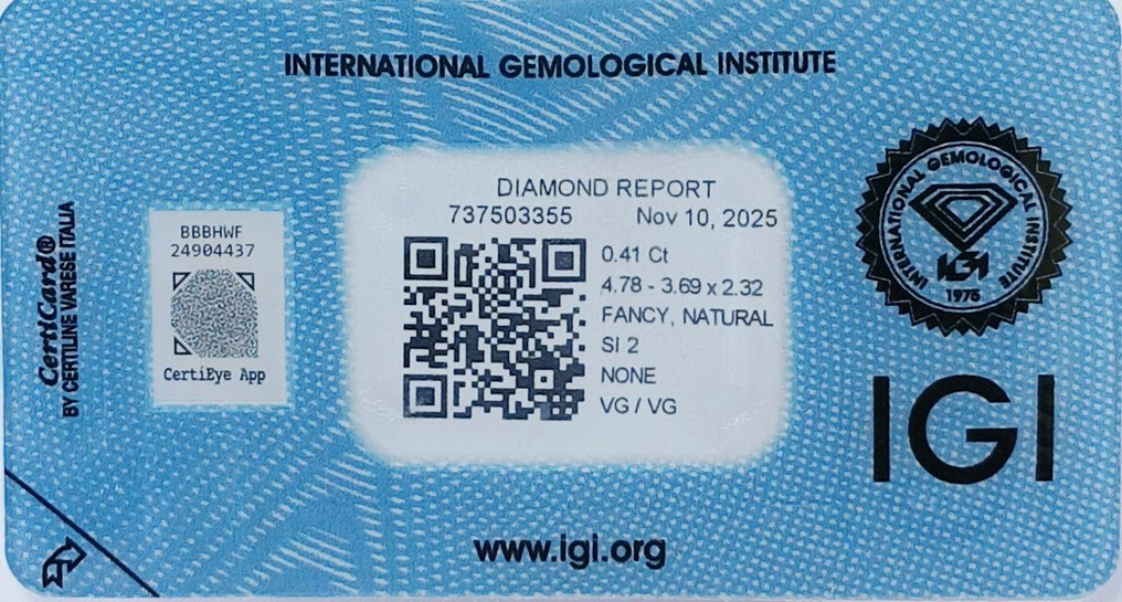 χωρίς τιμή ασφαλείας - 1 pcs Διαμάντι  (Φυσικού χρώματος)  - 0.41 ct - Ορθογώνια - Fancy Καφέ - SI2 - International Gemological Institute (IGI) #3.2