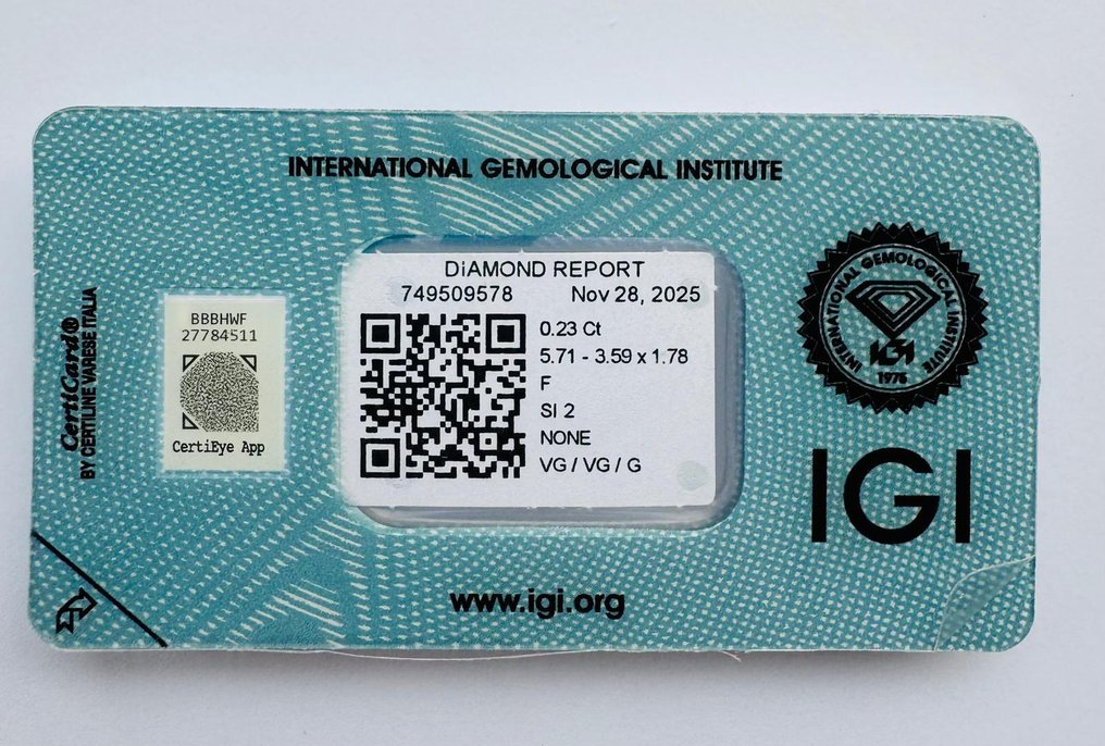 Fără preț de rezervă - 1 pcs Diamant (Natural) - 0.23 ct - Pară - F - SI2 - IGI (Institutul gemologic internațional) #1.0