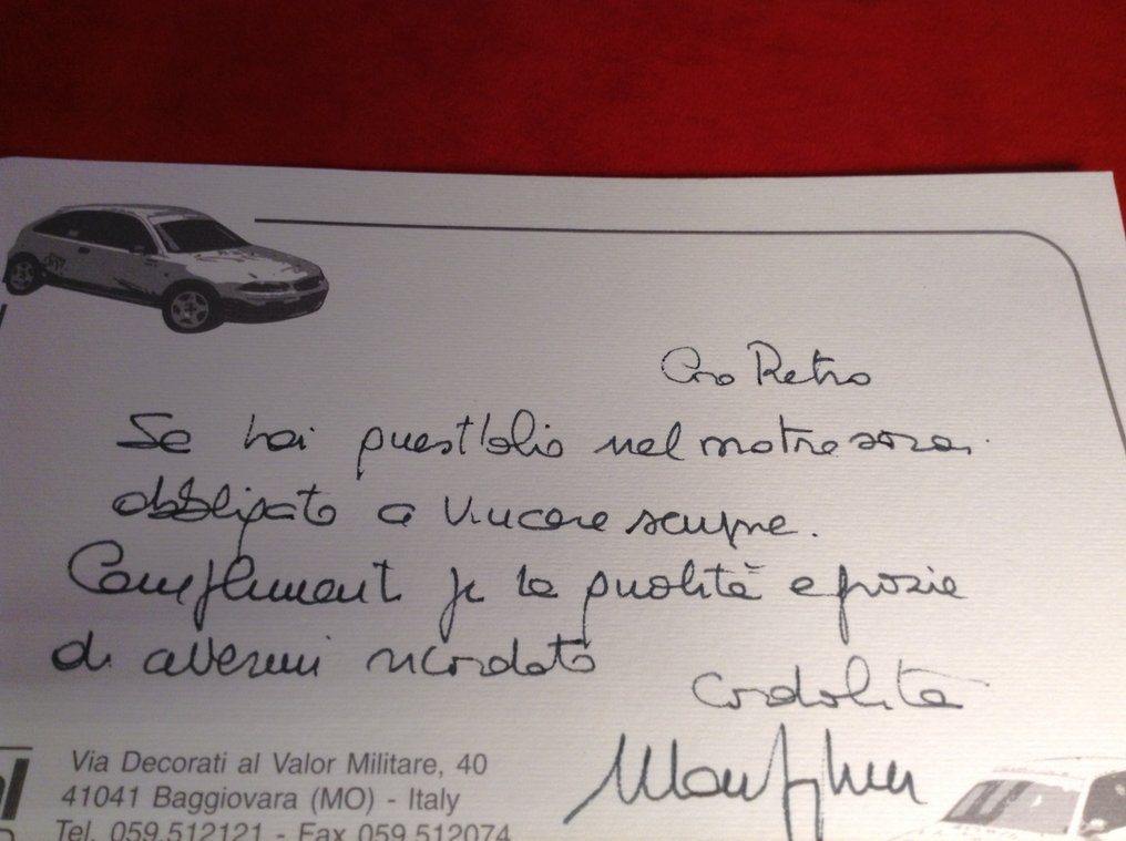 Original ORAL Engineering-kort sendt til Pietro af Mauro Forghieri - underskrevet - berømt Ferrari & - Ferrari - Lamborghini - original ORAL Engineering card sent to Pietro by Mauro Forghieri - signed - famous Ferrari & - 1995 #4.3