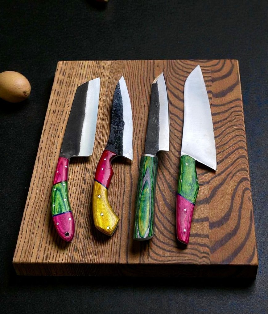 Set of FOUR, Hand-Forged with Old & dual polish Steel, Japanese Style Knives from Elite - Μαχαίρι κουζίνας - Chef's knife - Χάλυβας, Ξύλο, Άψογη συλλογή 4 χειροποίητων Ιαπωνικών παλαιών ατσαλιών, ρετρό μαχαίρια. - Ιαπωνία #2.1