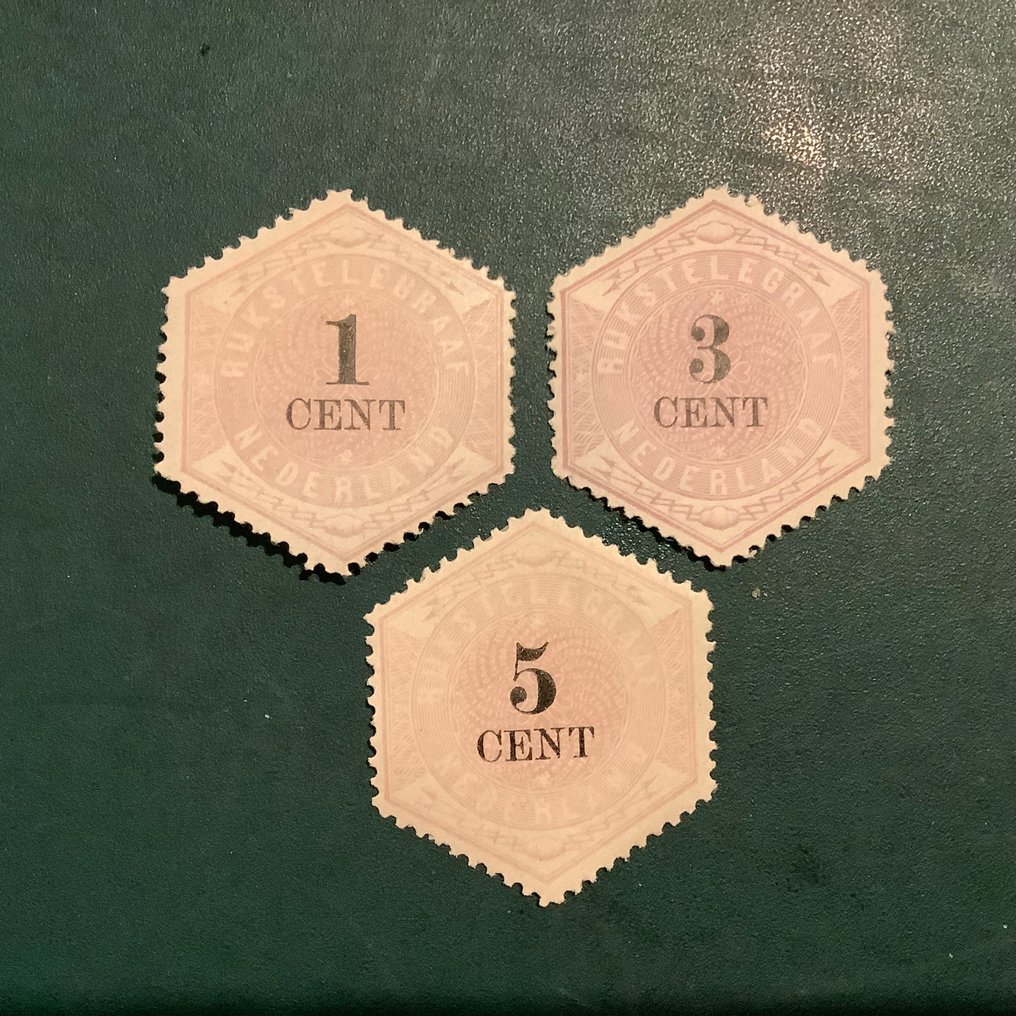 Netherlands 1877 - Telegram stamps of 1, 3, and 5 cents — no retail price. - NPVH TG1/TG3 #1.0