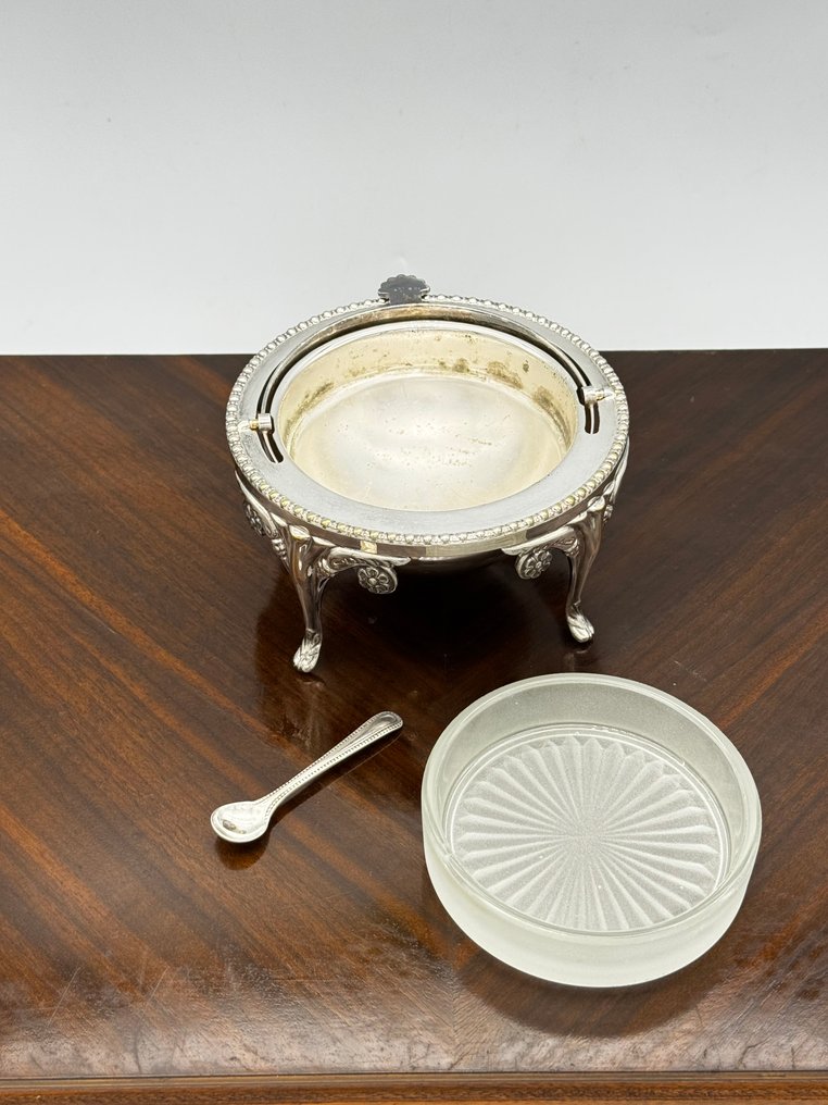 Antique Silver-Plated Caviar Serving Dish with Glass Insert and Hallmarked Sterling Silver Spoon – - Mantequillera (3) - .925 plata #3.2