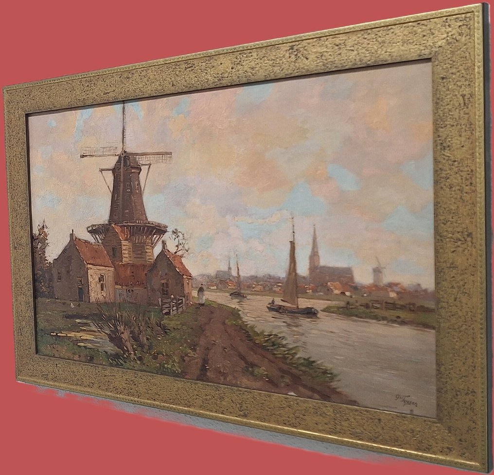 P Tijssen / H. Welther (1885-1947) - *NO RESERVE**Riviergezicht met molen en stad #4.3