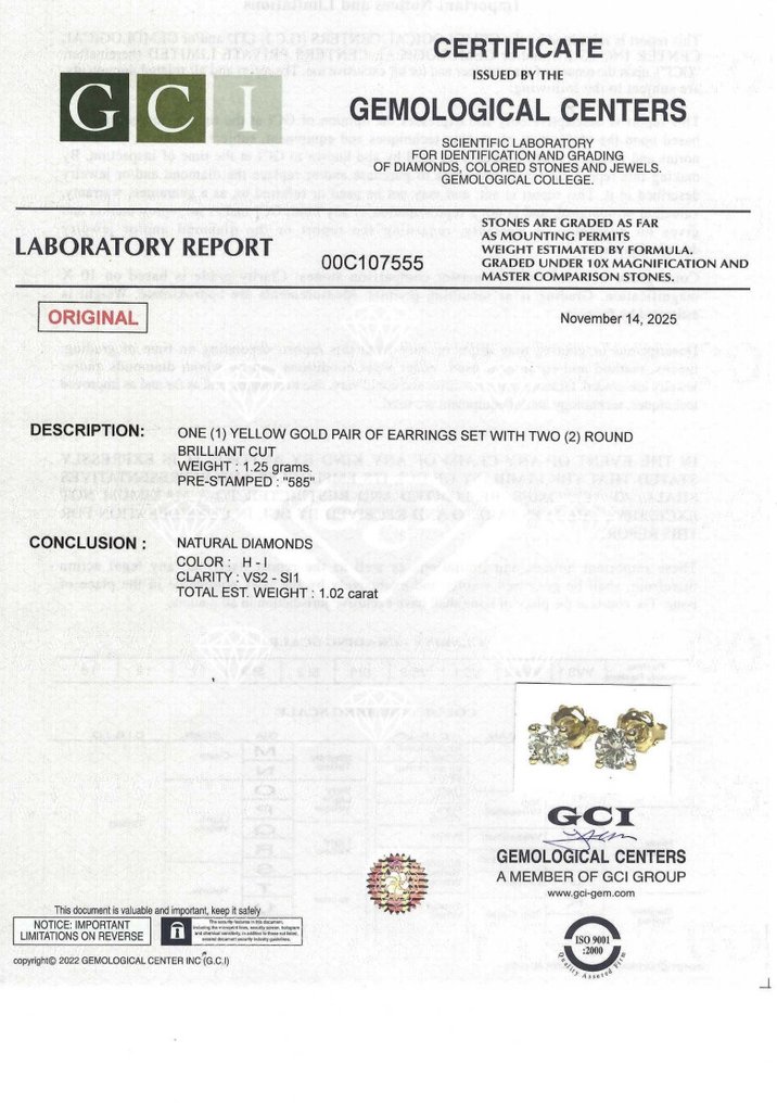 沒有保留價 - 耳環 - 14 克拉 黃金 -  1.02ct. tw. 鉆石 (天然) #2.1