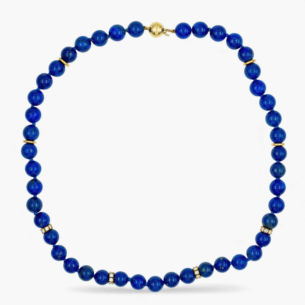 Zonder minimumprijs - Halsketting - 14 karaat IGI Antwerp, Geel goud - 0.80ct. tw. Diamant (Natuurlijk) - Lapis lazuli #1.0