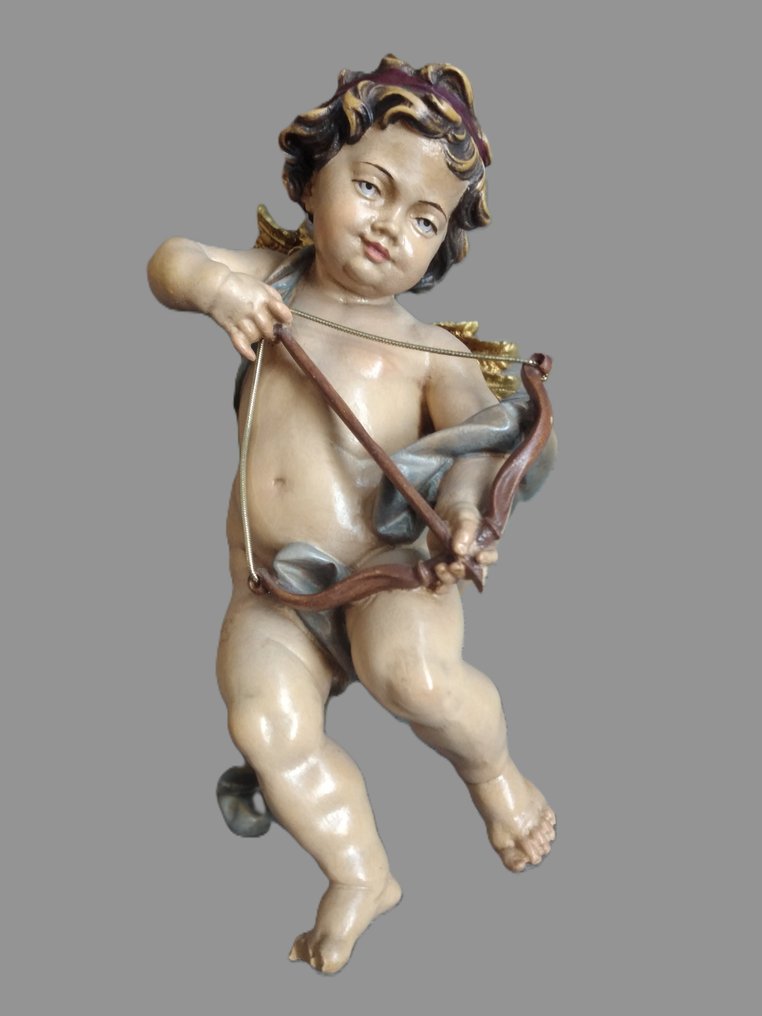 Talla, farbiger Engel mit Pfeil und Bogen - Schutzengel - Amor - HOLZFIGUR - Wandfigur - Handarbeit - 22 cm - Madera #1.0