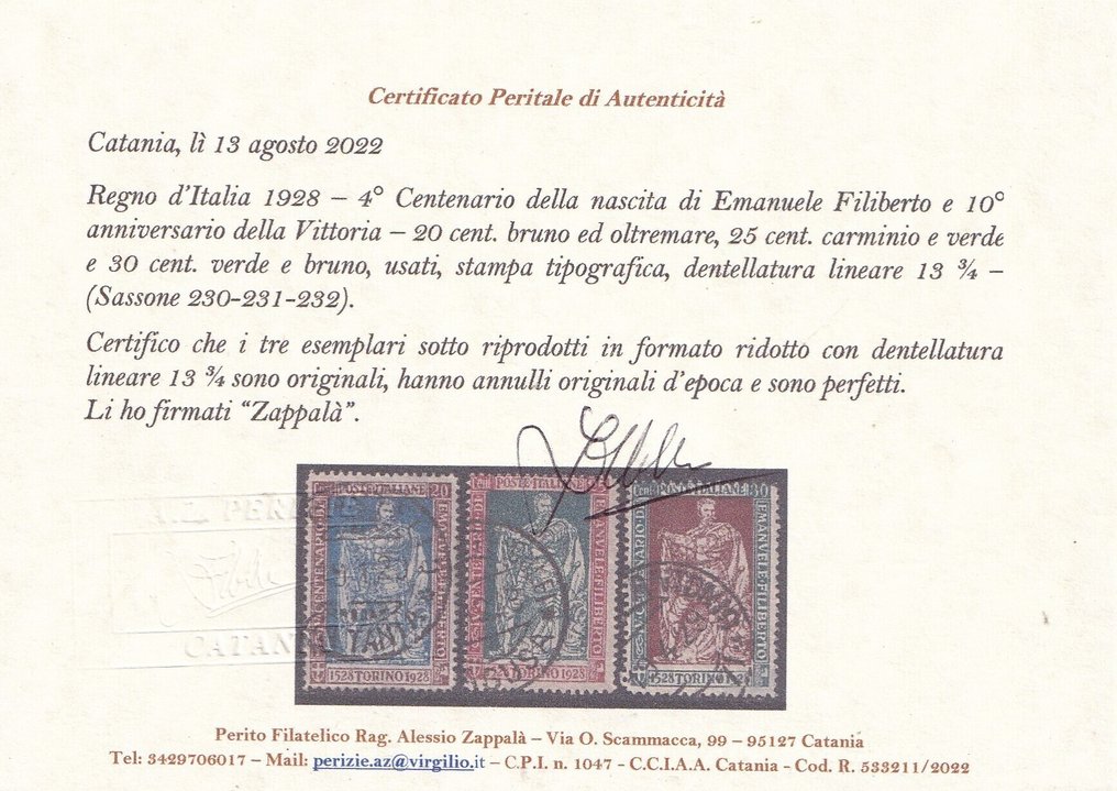 Italia Regno 1928 - Emanuele Filiberto 20 cent+25 c.+30 cent con certificato peritale Zappalà - Sassone nn.230-231-232 #1.0