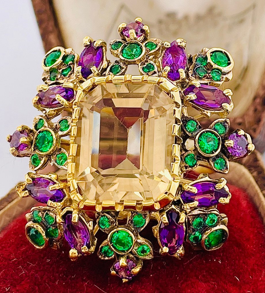 Ingen mindstepris - Ring - 9 kt. Gulguld, Sølv Kvarts - Smaragd #2.1