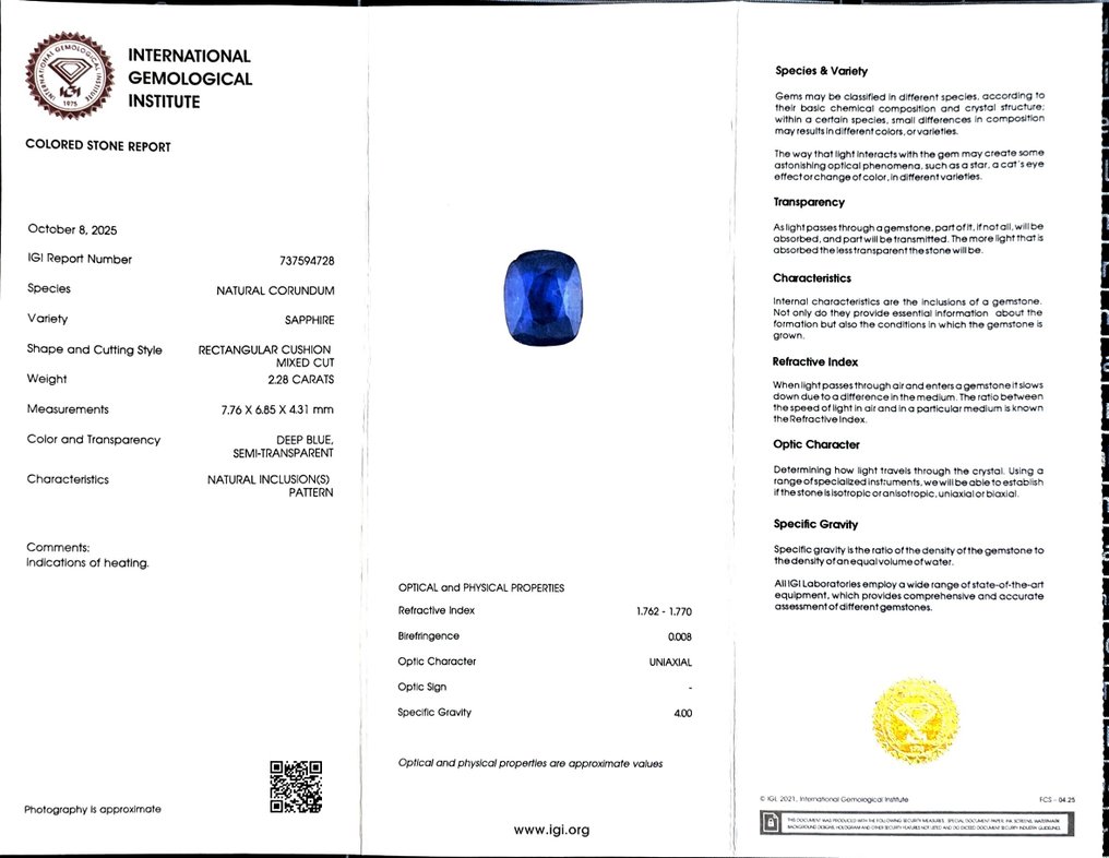 Zonder minimumprijs Blauw Saffier - 2.28 ct - International Gemological Institute (IGI) #2.1
